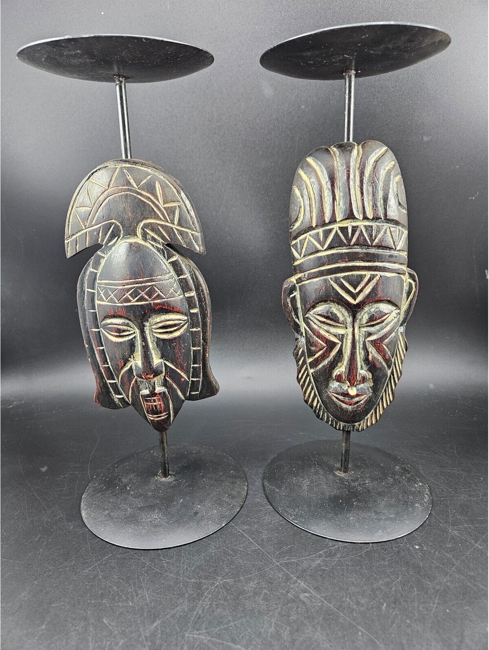 2 Vintage Hand-Carved Tribal Mask Pillar Candle Holders Iron Stands Folk Art